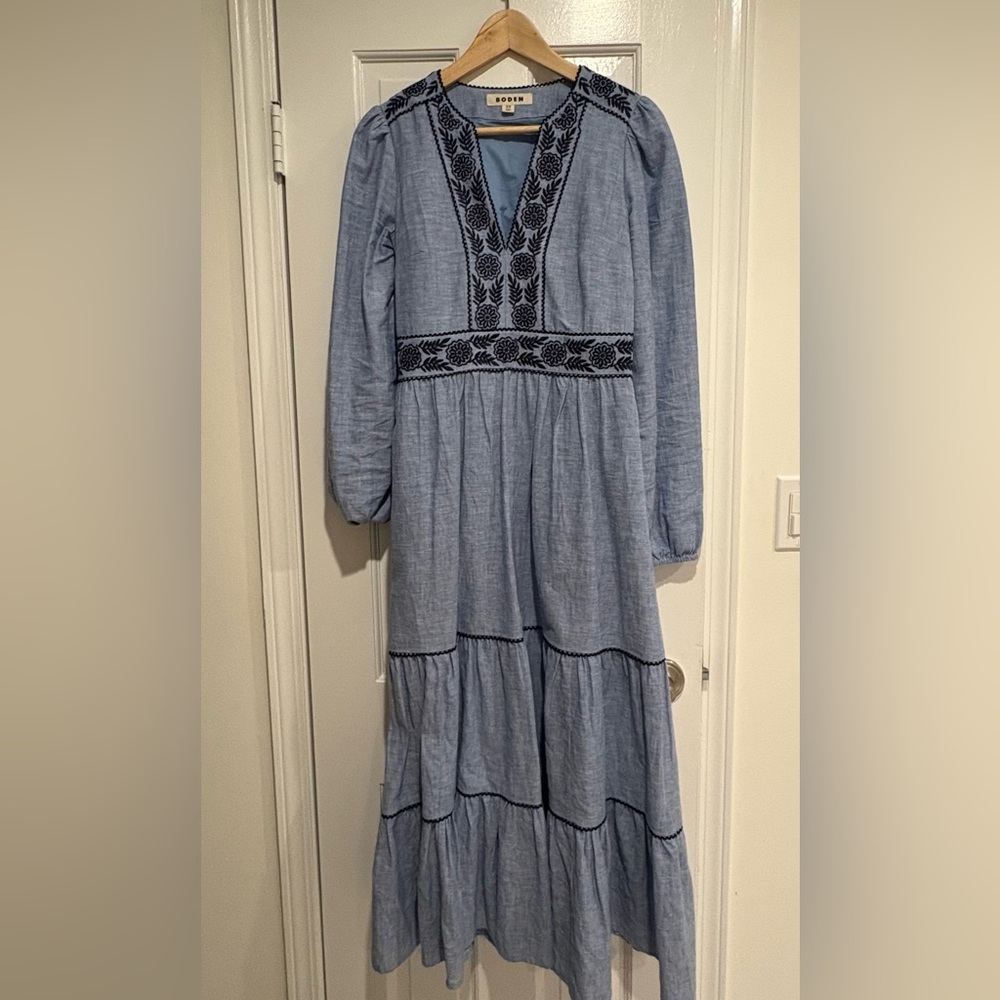 Boden Light Blue Long Sleeve Dress with Black Embroidery